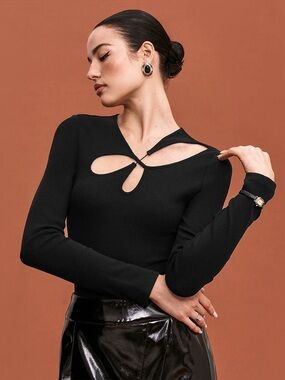 Commense Black Long-Sleeve Cutout Bodysuit
